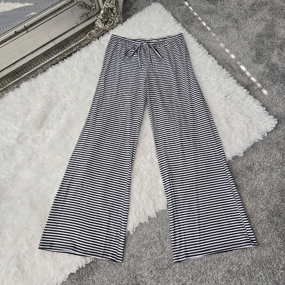 Fashion Casual Drawstring Elastic Waist Womens Stripe Wide Leg Pants. Bl…